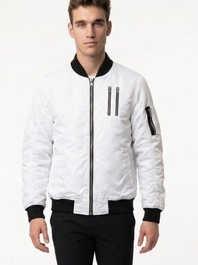 Bleecker & Mercer Mens White Bomber Jacket Black Trim Ruched Sleeve Size M‎